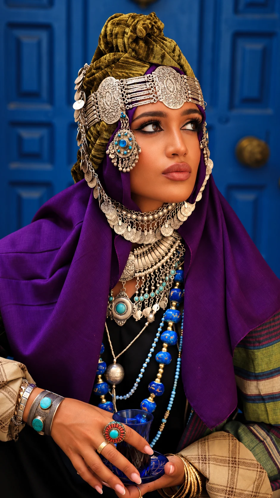 Yzabela in purple drapery, an ornate silver headpiece and blue beads, seated against a blue door